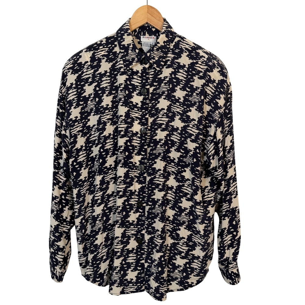Rodier Silk Blouse Womens 5 Navy Cream Excellent Vintage Abstract Button Front